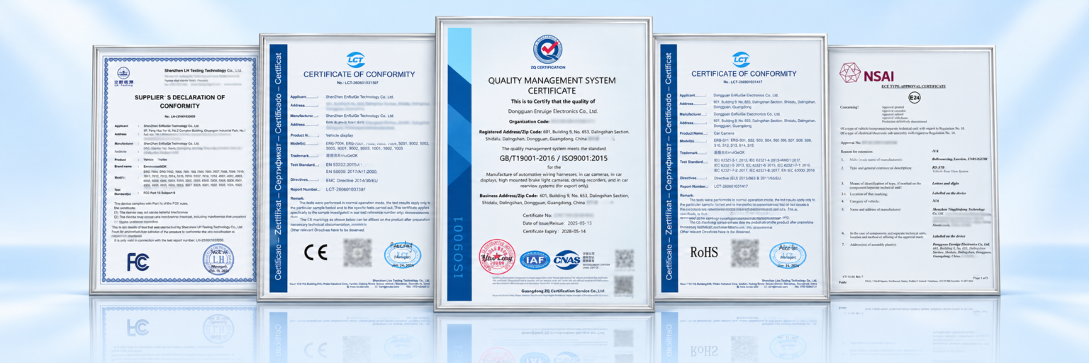 Illustrative display of five Enruige certification documents in silver frames