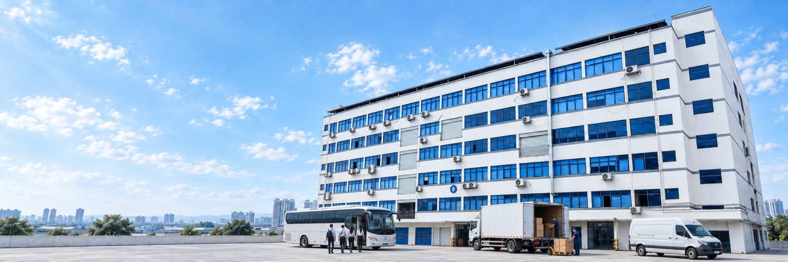 Illustrative factory forecourt scene with a bus, cargo truck and delivery van