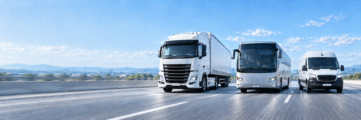 Unbranded truck, coach bus and van driving on a highway